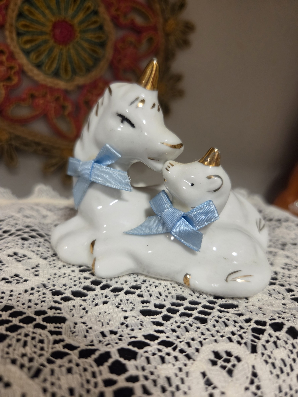 White Porcelain Unicorn Figurine Pair with Blue Bows